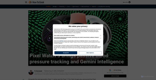 Security scan screenshot of https://www.reviewgeek.com/pixel-watch-5-brings-passive-blood-pressure-tracking-and-gemini-intelligence/