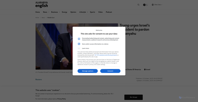 Security scan screenshot of https://english.alarabiya.net/News/middle-east/2025/10/13/trump-urges-israel-s-president-to-pardon-netanyahu