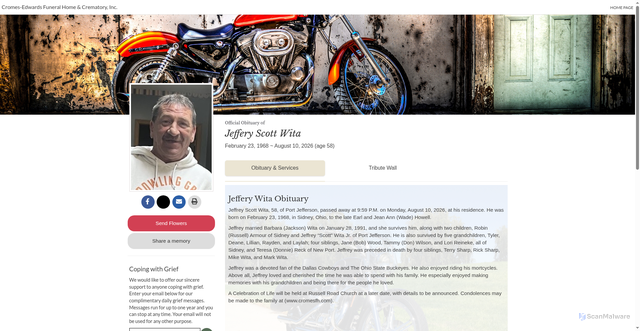 Security scan screenshot of https://www.cromesfh.com/obituary/Jeffery-Wita
