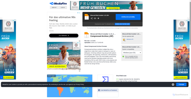 Security scan screenshot of https://www.mediafire.com/file/uzye4ojcyjvsep3/Minecraft+Mod+Installer+1.21.130+.zip/file