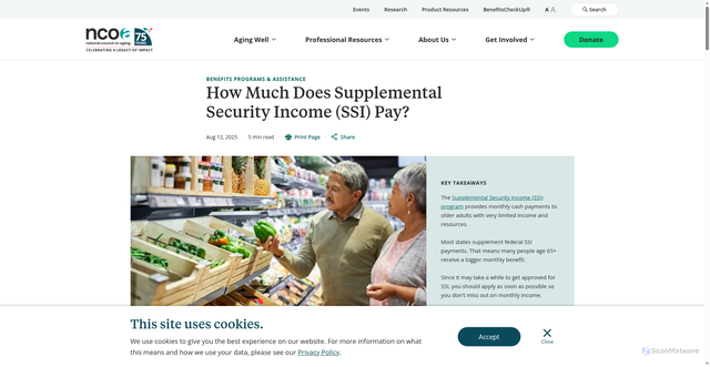 Security scan screenshot of https://www.ncoa.org/article/how-much-does-supplemental-security-income-ssi-pay/