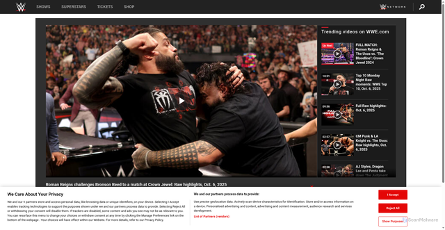 Security scan screenshot of https://www.wwe.com/videos/roman-reigns-challenges-bronson-reed-to-a-match-at-crown-jewel-raw-highlights-oct-6-2025