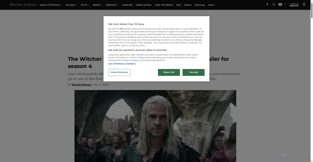 Security scan screenshot of https://winteriscoming.net/the-witcher-is-reborn-in-first-trailer-for-season-4