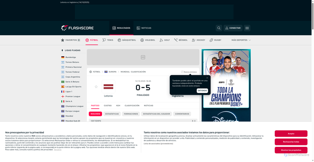 Security scan screenshot of https://www.flashscore.com.ar/partido/futbol/inglaterra-j9N9ZNFA/letonia-WC2jLpW4/