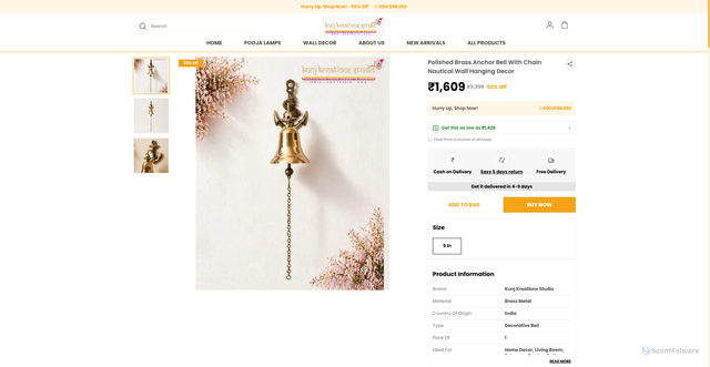Security scan screenshot of https://kunjkreationsstudio.com/Polished-Brass-Anchor-Bell-With-Chain-Nautical-Wall-Hanging-Decor/catalogue/_0kBb84W/Haz4DkbW