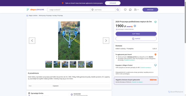 Security scan screenshot of http://allegrolokalnie.oferta-846202548.cfd/oferta/2020-przyczepa-podlodziowa-neptun-do-5m/48819?fbclid=iwy2xjawu1ydblehrua2flbqixmabwzg9mawjyawqrmencsupttzfqzvlndjvctuxzcnrjbmfwcf9pzbaymjiwmzkxnzg4mjawodkyaaeeyjvieyvkbnwxfgwdl7ptvxv0lbn7hq-xpwyl71pvymmpvrzxbcrwlsl2vto_aem_zjyxeqhejsdaq66bxqdn8a