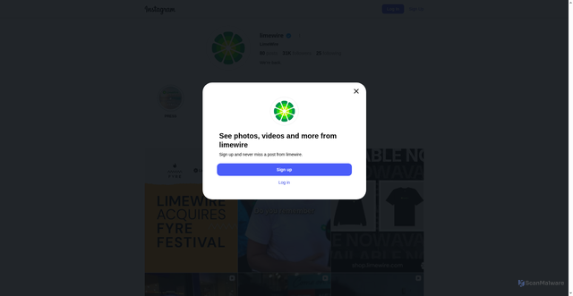 Security scan screenshot of https://www.instagram.com/limewire