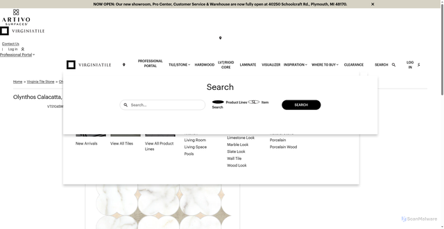 Security scan screenshot of https://virginiatile.com/tiles/olynthos-calacatta-cremonezia-and-smoke-12x12-martinique-mosaic/