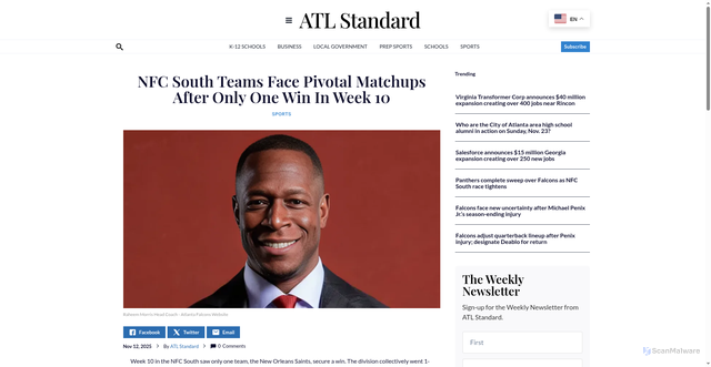 Security scan screenshot of https://atlstandard.com/nfc-south-teams-face-pivotal-matchups-after-only-one-win-in-week-10/