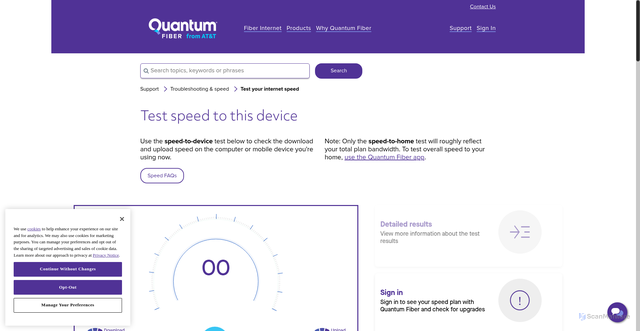 Security scan screenshot of https://www.quantumfiber.com/support/speed-performance/speed-test.html