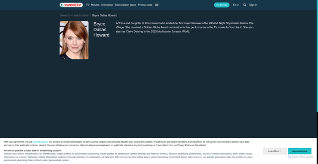 Security scan screenshot of https://sweet.tv/en/actor/17740-bryce-dallas-howard