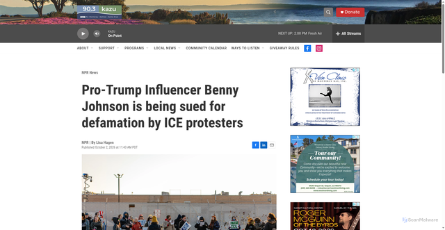 Security scan screenshot of https://www.kazu.org/npr-news/2026-10-02/pro-trump-influencer-benny-johnson-is-being-sued-for-defamation-by-ice-protesters