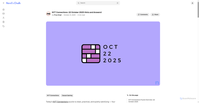 Security scan screenshot of https://nerdschalk.com/nyt-connections-22-october-2025-hints-and-answers/