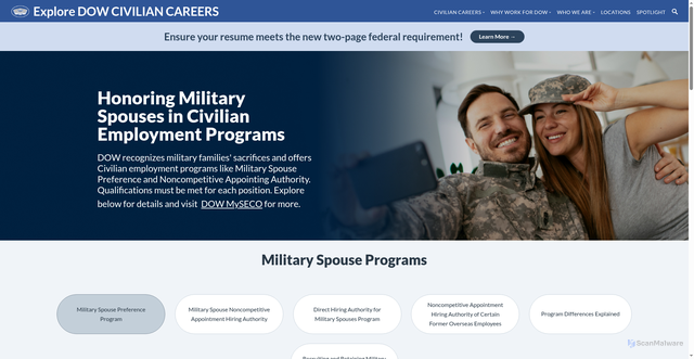 Security scan screenshot of https://www.exploredowciviliancareers.com/civiliancareers/militaryspouses