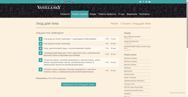 Security scan screenshot of http://vanillasky.ee/ru/salon/service/vartalohoidot