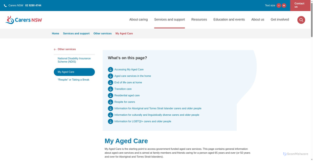 Security scan screenshot of https://www.carersnsw.org.au/services-and-support/other-services/my-aged-care