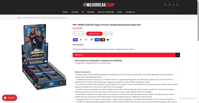 Security scan screenshot of https://mojobreakshop.com/products/2025-26-topps-chrome-update-basketball-hobby-box?srsltid=AfmBOoo4QVt_N6qB0PSuXGVbkMIkOLb28_Dpe0RsgBFD8C6lSskMRjG3