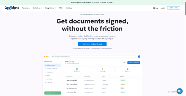 Security scan screenshot of https://www.getesigns.com/?utm_medium=emailIS
