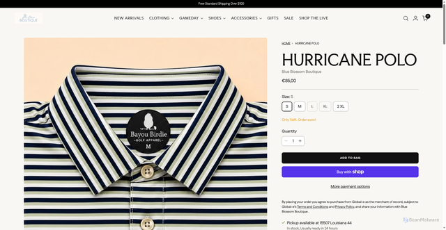 Security scan screenshot of https://blueblossomboutique.com/products/hurricane-polo