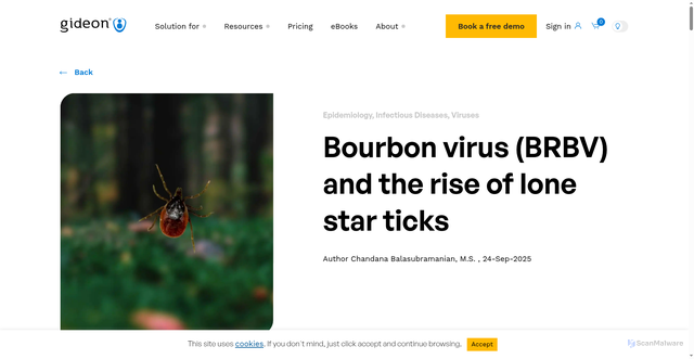 Security scan screenshot of https://www.gideononline.com/blogs/bourbon-virus-brbv-and-the-rise-of-lone-star-ticks/
