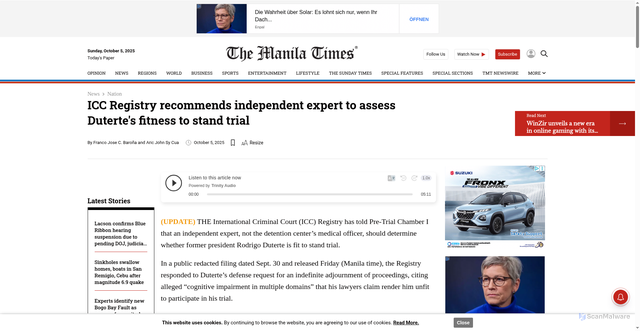 Security scan screenshot of https://www.manilatimes.net/2025/10/05/news/national/icc-registry-recommends-independent-expert-to-assess-dutertes-fitness-to-stand-trial/2194659