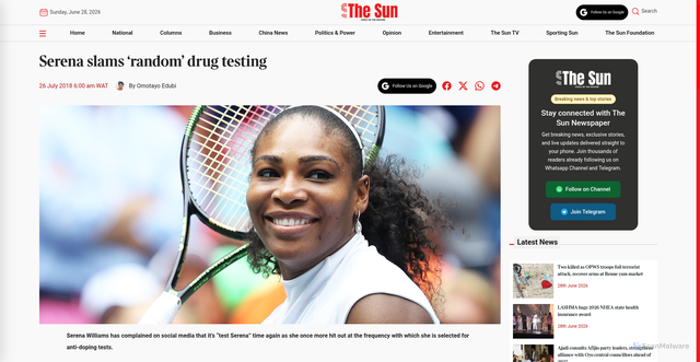 Security scan screenshot of https://thesun.ng/serena-slams-random-drug-testing/