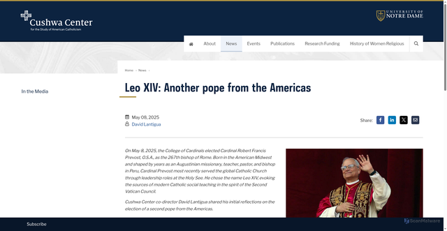 Security scan screenshot of https://cushwa.nd.edu/news/pope-leo-xiv-another-pope-from-the-americas/