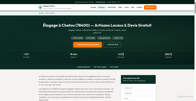 Security scan screenshot of https://elagage-abattage-yvelines.fr/elagage-chatou-78400/