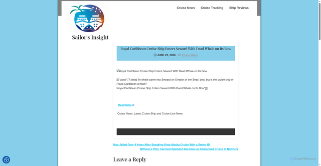 Security scan screenshot of https://sailorsinsight.com/royal-caribbean-cruise-ship-enters-seward-with-dead-whale-on-its-bow/