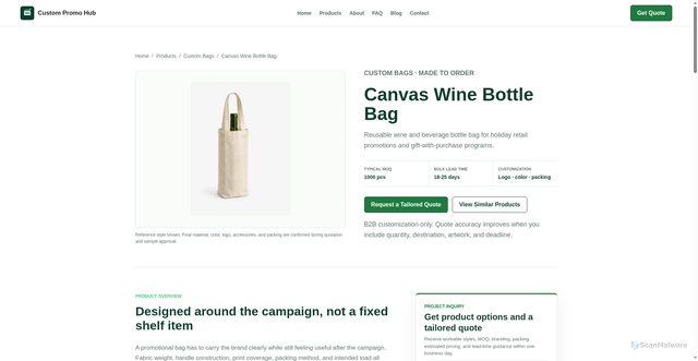 Security scan screenshot of https://custompromohub.pages.dev/products/canvas-wine-bottle-bag/