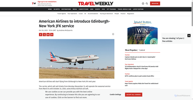 Security scan screenshot of https://travelweekly.co.uk/news/american-airlines-to-introduce-edinburgh-new-york-jfk-service