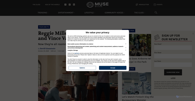 Security scan screenshot of https://musebyclios.com/film-tv/reggie-miller-joins-owen-wilson-and-vince-vaughn-for-xfinity/