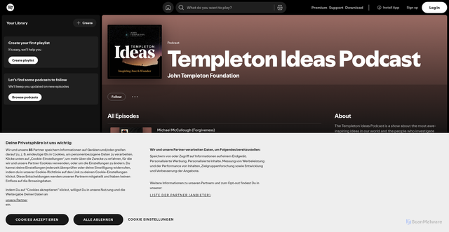 Security scan screenshot of https://open.spotify.com/show/3YOD3Evupsbi8sFs8TS6d3?utm_source=Receive+News+from+the+John+Templeton+Foundation&utm_campaign=30a4faa801-EMAIL_CAMPAIGN_2025_templetonideas_20260128&utm_medium=email&utm_term=0_-42837b4b08-97355777