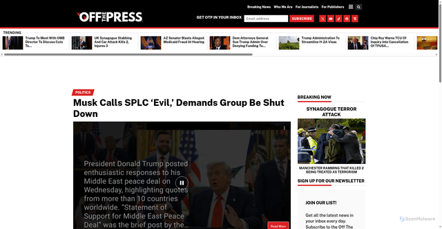 Security scan screenshot of https://www.offthepress.com/musk-calls-splc-evil-demands-group-be-shut-down/