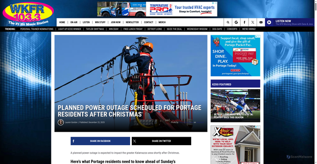 Security scan screenshot of https://wkfr.com/portage-planned-power-outage/