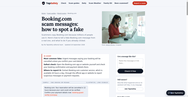 Security scan screenshot of https://tapsafely.com/scams/booking-com-scam-messages