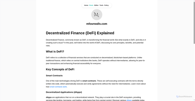 Security scan screenshot of https://www.mfourwalls.com/posts/decentralized-finance-(defi)-explained