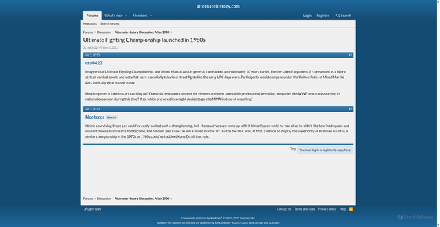 Security scan screenshot of https://www.alternatehistory.com/forum/threads/ultimate-fighting-championship-launched-in-1980s.538236/