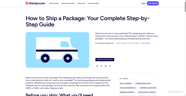 Security scan screenshot of https://www.stamps.com/article/how-to-ship-a-package-your-complete-step-by-step-guide/