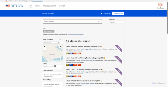 Security scan screenshot of https://catalog.data.gov/dataset/?tags=new-york-lottery