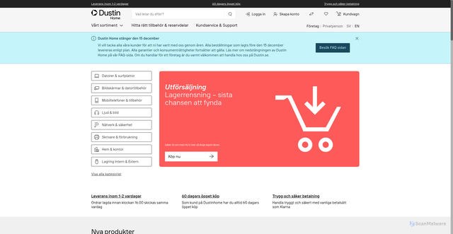 Security scan screenshot of https://in.dustinhome.se/