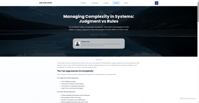 Security scan screenshot of https://sdlc-website-develop.pages.dev/articles/managing-complexity-in-systems-judgment-vs-rules