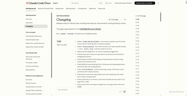 Security scan screenshot of https://code.claude.com/docs/en/changelog