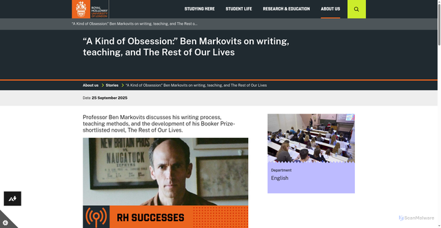 Security scan screenshot of https://www.royalholloway.ac.uk/about-us/stories/a-kind-of-obsession-ben-markovits-on-writing-teaching-and-the-rest-of-our-lives/