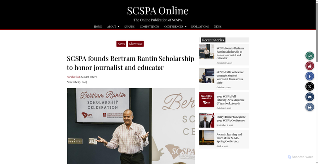 Security scan screenshot of https://scspaonline.org/1211/news/scspa-founds-bertram-rantin-scholarship-to-honor-journalist-and-educator/