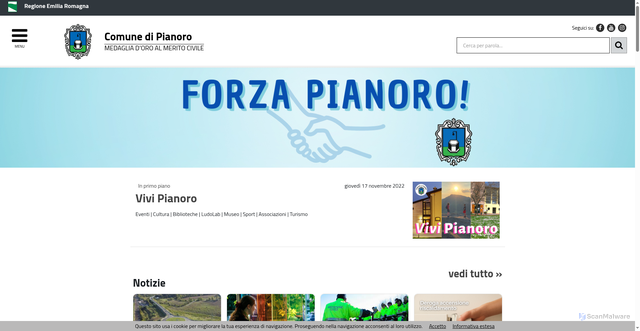 Security scan screenshot of https://www.comune.pianoro.bo.it/servizi/notizie/notizie_homepage.aspx
