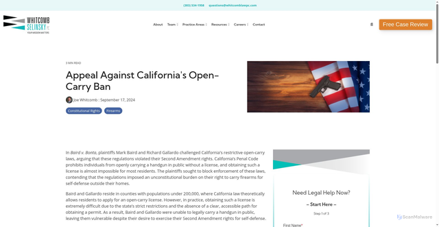 Security scan screenshot of https://www.whitcomblawpc.com/consumer-law-blog/appeal-against-californias-open-carry-ban