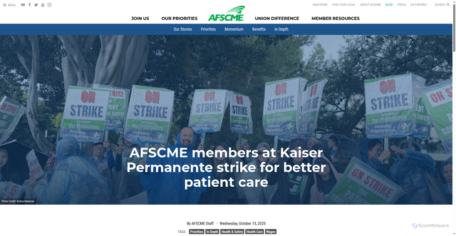 Security scan screenshot of https://www.afscme.org/blog/afscme-members-at-kaiser-permanente-strike-for-better-patient-care