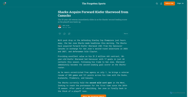 Security scan screenshot of https://theforgottensports.substack.com/p/sharks-acquire-forward-kiefer-sherwood