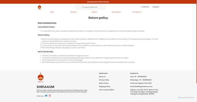 Security scan screenshot of https://shriaaum.store/return-policy